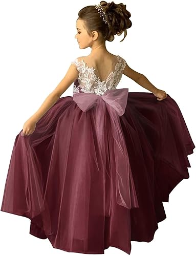 Lace Applique Tulle Flower Girl Dress with Satin Bow Knot