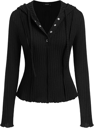 Women's Knit Hoodie Long Sleeve Cropped Button Down Sweater