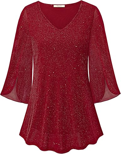 Womens Ruffle 3/4 Sleeve V Neck Double Layer Mesh Blouse