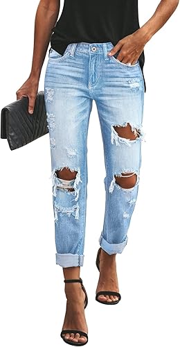 High Waisted Casual Ripped Denim Jeans with Cuffed Hem