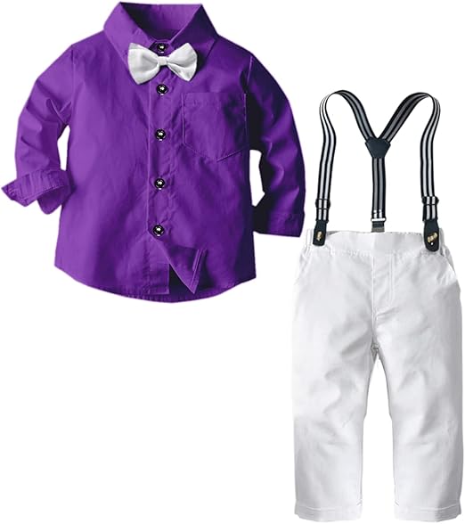Boys Gentleman Clothes Set Short Sleeve Shirt with Bowtie Suspender Pants Outfit