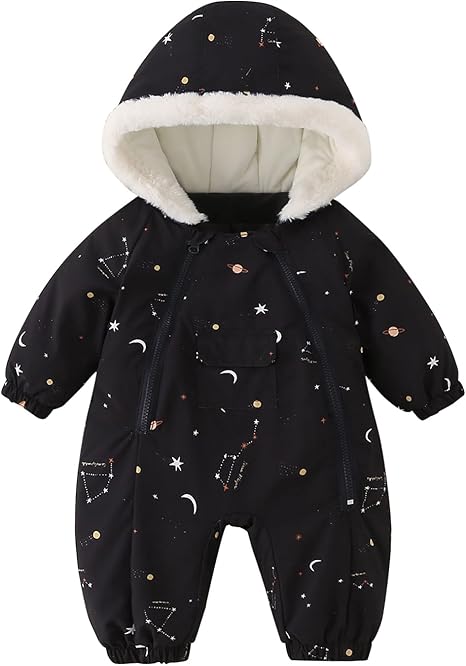 Baby Snowsuit Newborn Printed Winter Clothes Hooded Double Zippers Jumpsuit Onesie Coat