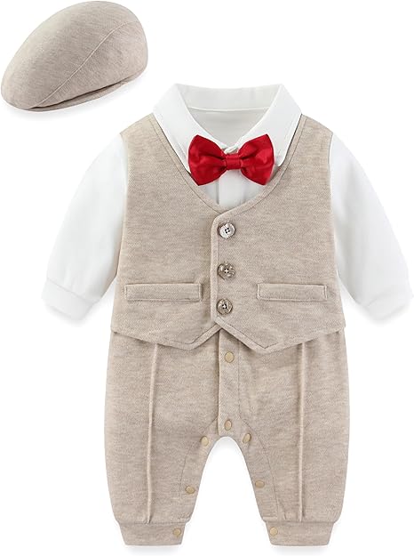 Newborn Baby Boy Tuxedo Romper One Piece Long Sleeve Bowtie Outfit Formal Wear Clothes Suit