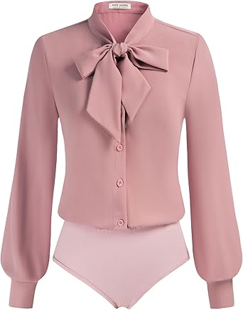Women Bow Tie Neck Office Blouse Button Down Long Sleeve Bodysuits Blouse Top