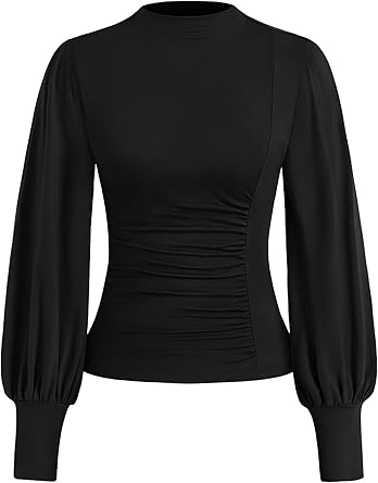 Puff Long Sleeve Shirts Fitted Mock Neck Ruched Trendy Tops