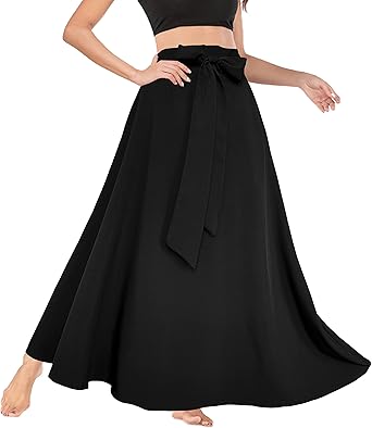 Women's High Waist Skirt Tie Front A-Line Flowy Long Maxi Skirts with Pockets