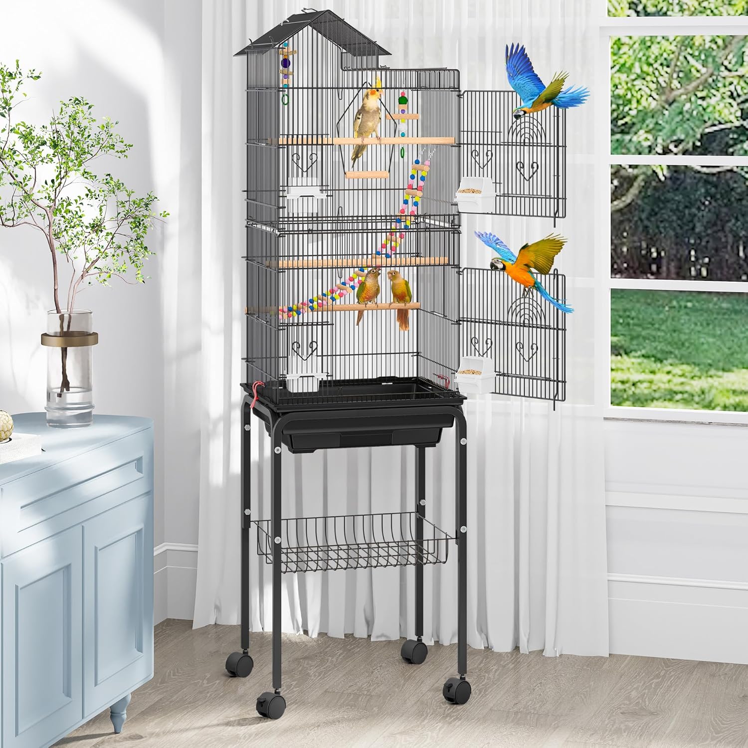 62 Inch Large Bird Cage​ - ​Metal Flight Cage​ with ​Rolling Stand
