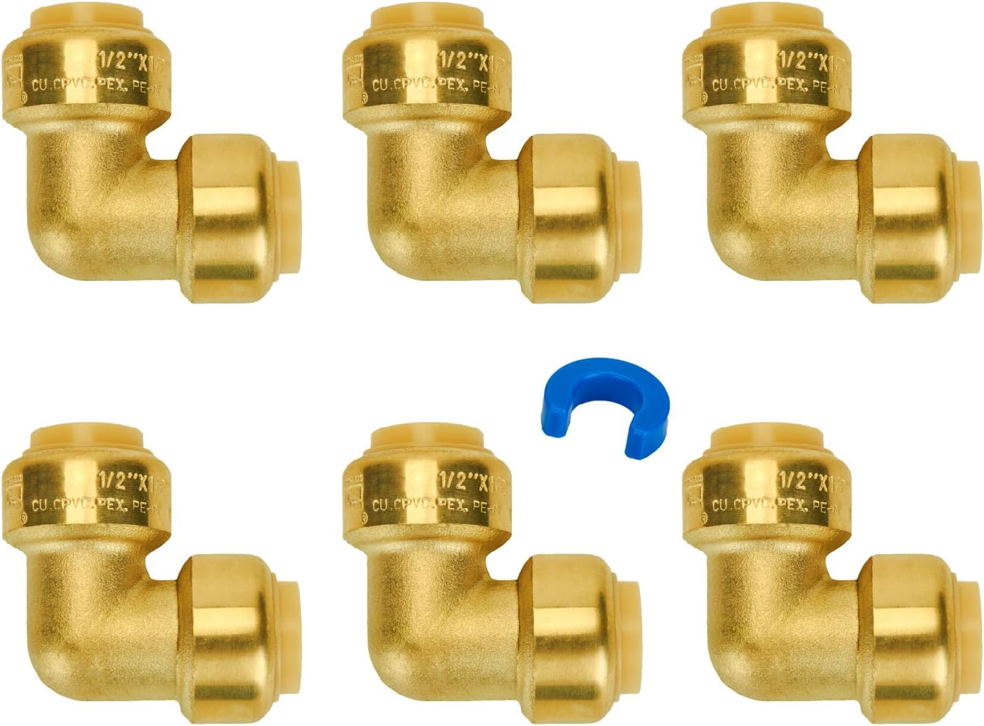 1/2" Push-to-Connect 90° Elbow Plumbing Fittings (Brass, Pack of 6)