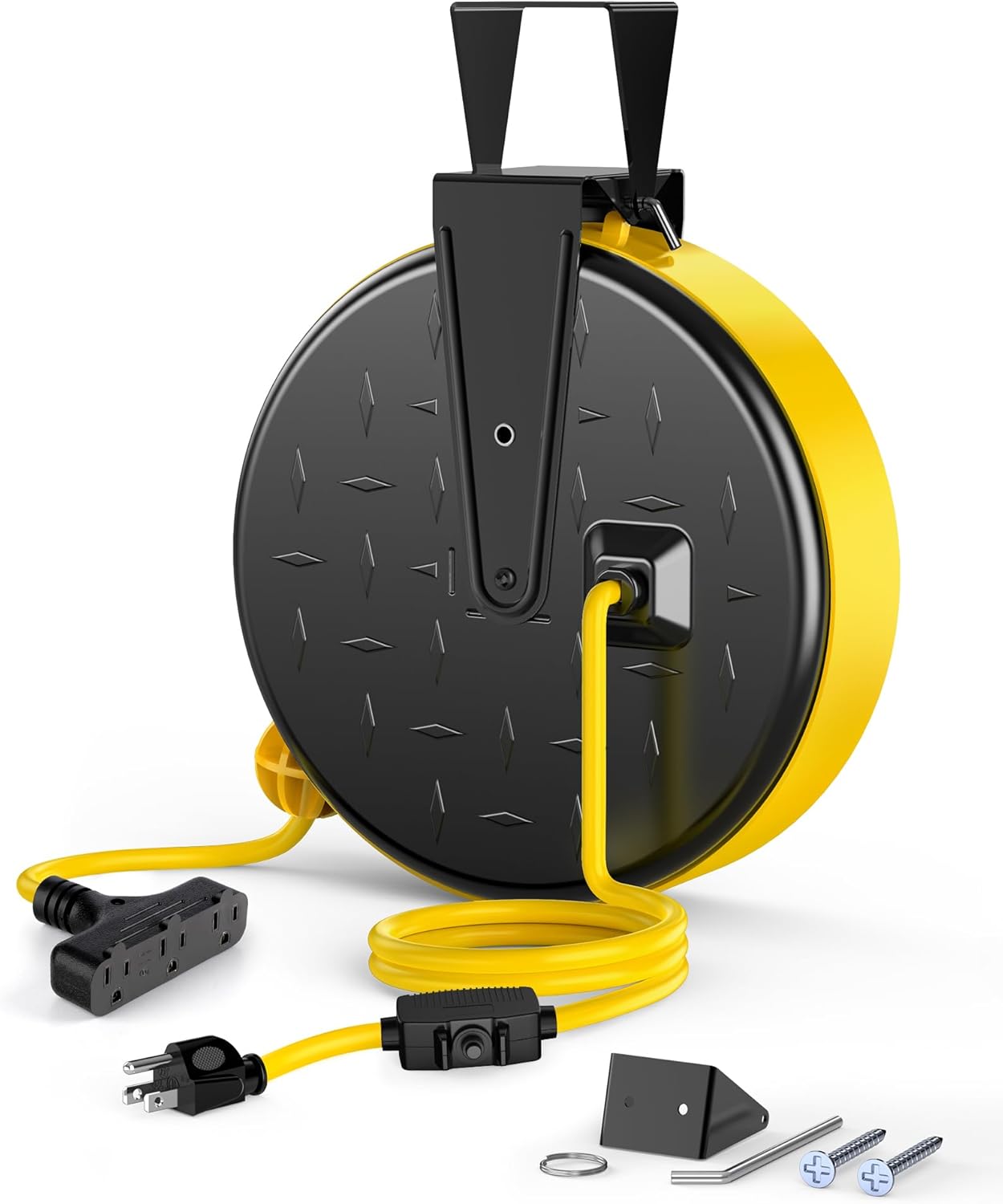 30 ft Retractable Extension Cord Reel, Ceiling/Wall Mount, 16/3 SJTW Power Cord with 3 Outlets & Circuit Breaker