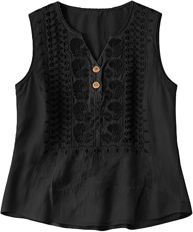 Womens Dressy Sleeveless Vest Crochet V-Neck Tank Top with Lace Shoulders and Wooden Buttons