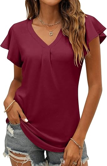 Women's Summer Tops Ruffle Sleeve V Neck Tunic Shirts