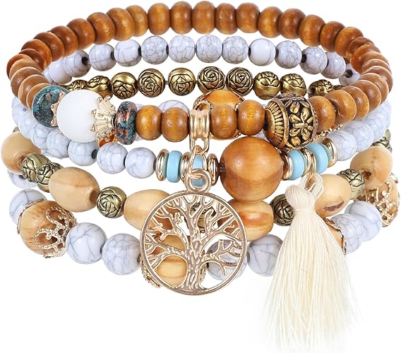Boho Tree of Life Wooden Beaded Bracelets Set