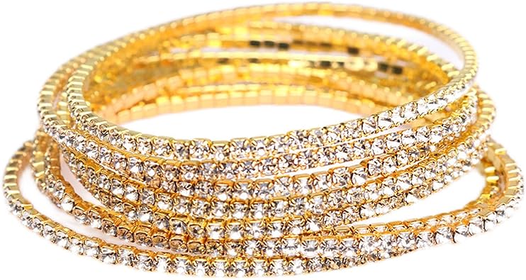 Gold Plated Stackable Stretch Rhinestone Adjustable Tennis Chain Bracelets