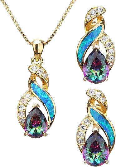 Opal Jewelry Set for Women Infinity Necklace with Cubic Zirconia Gold Plated Earrings
