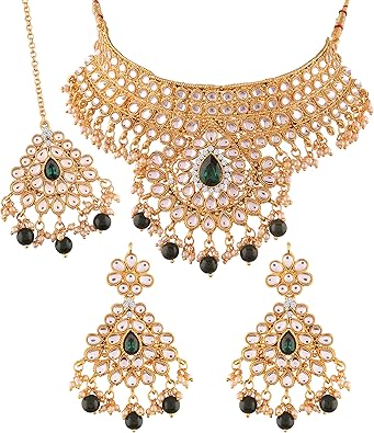 Gold Plated Traditional Kundan Choker Necklace Set with Earrings & Maang Tikka for Women
