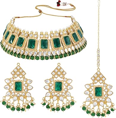 Kundan Dangling Pearls Necklace Earring Maangtikka Jewellery Set