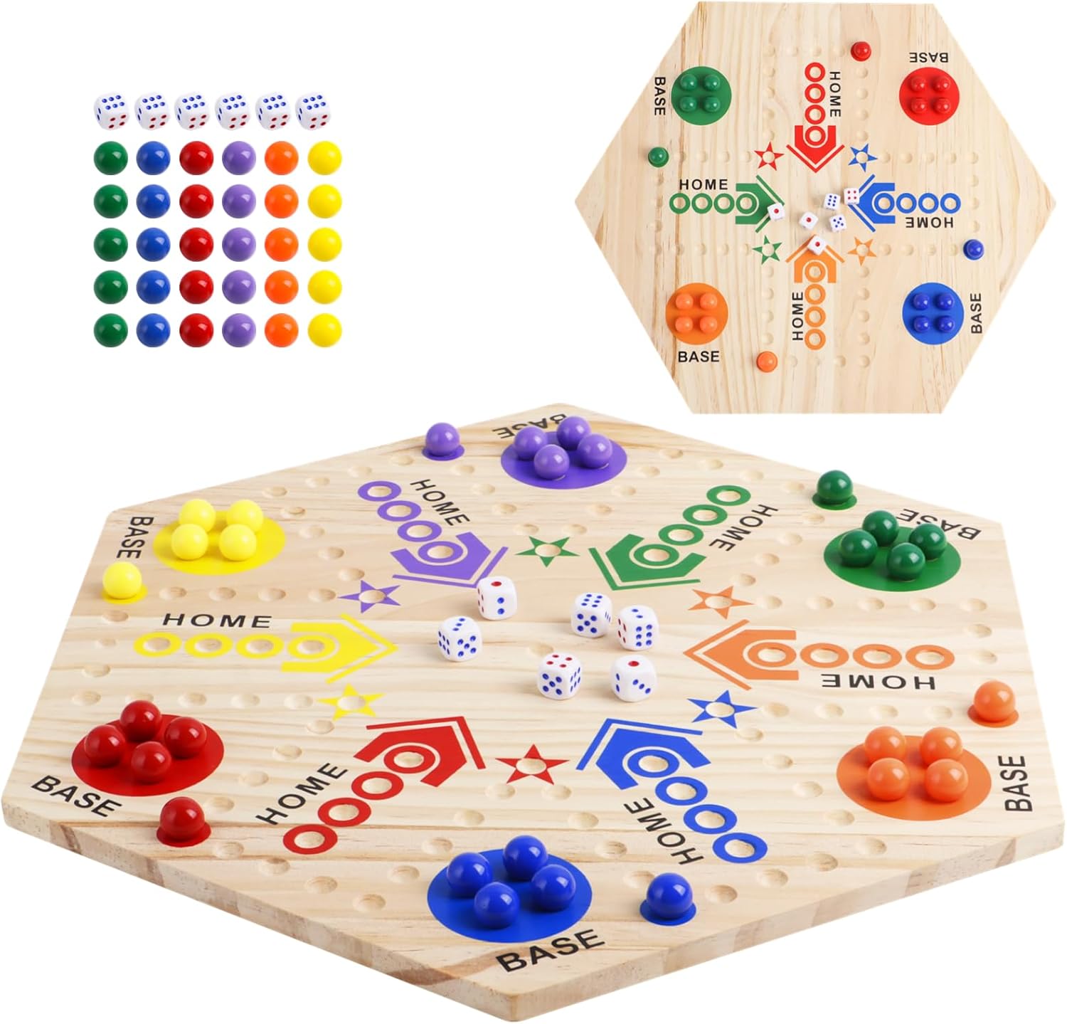 Marble Board Game, Double-Sided Wooden Board Game with 30 Marbles & 6 Dice