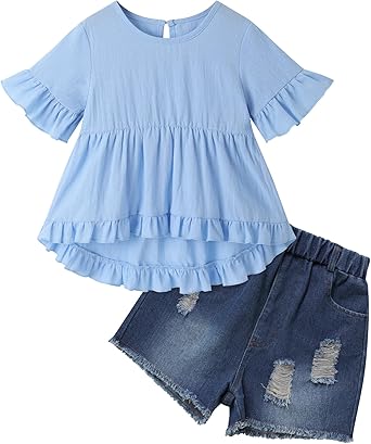 Little Girls Cotton Ruffle Top and Jeans Shorts Set