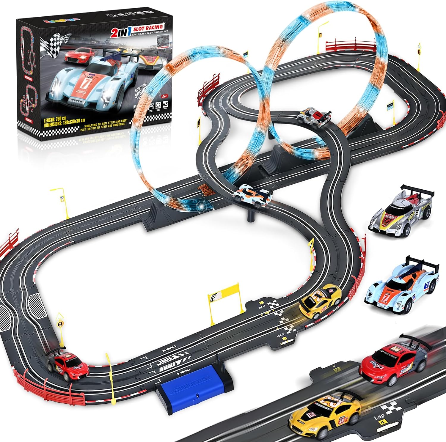 Slot Car Race Track Sets with 4 Slot Cars, 2 in 1 Electric Race Cars Track