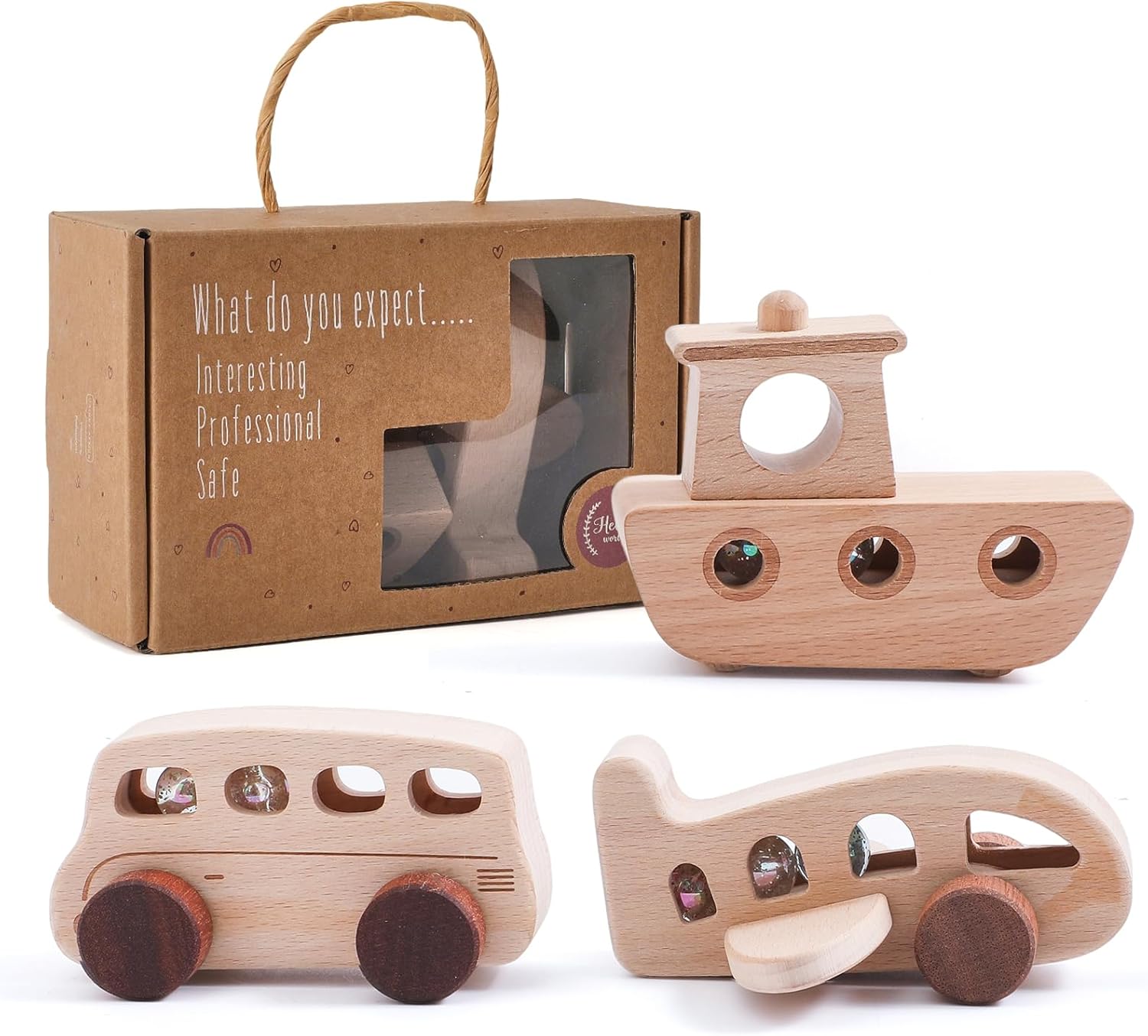 Wooden Vehicles Set for Toddlers 1-3 with Rolling Beads