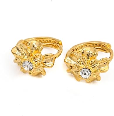 Cute Gold Plated Flower Huggie Hoop Earrings with Rhinestones