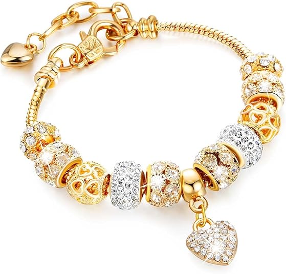 Gold Beaded Bracelet with Rhinestone Heart Charm – Adjustable Open Bangle for Women