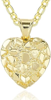 Gold Plated Rough Textured Cookie Nugget Heart Shape Charm Pendant Necklace