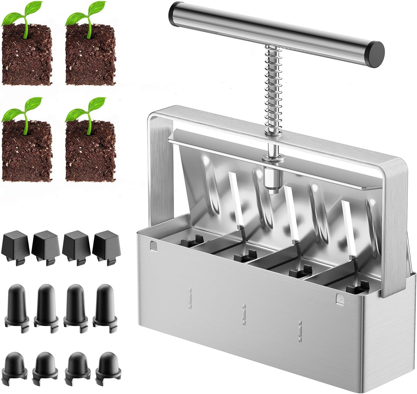 4 Cell Soil Block Maker with 3 Seed Pins for Gardening