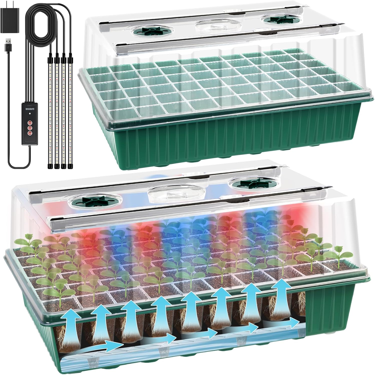 2 Set 120-Cell Seed Starter Kit with Grow Light and Humidity Dome