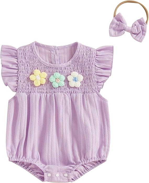 Newborn Baby Girl 3D Knit Floral Summer Romper with Headband