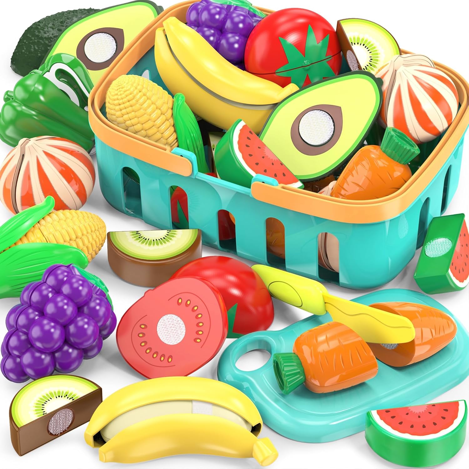 Cutting Play Food Toy Set for Toddlers with Basket, Board, and Knife