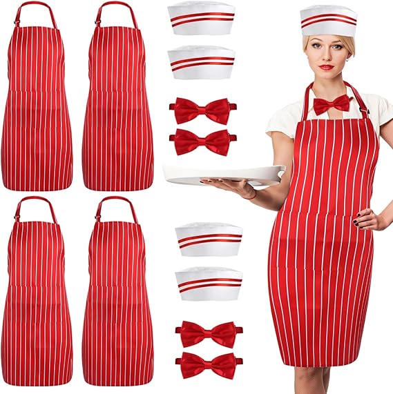 Retro 1950s Diner Server Uniform Set with Apron, Cap and Bow Tie