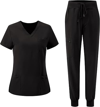 Womens Stretch Scrubs Set V Neck Top and Cargo Pants