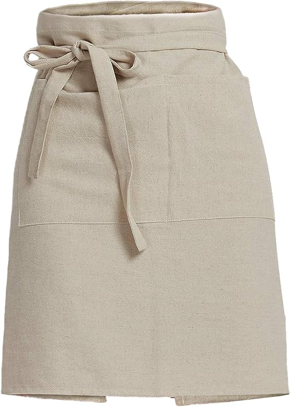 Linen Cotton Server Half Apron with Large Pockets