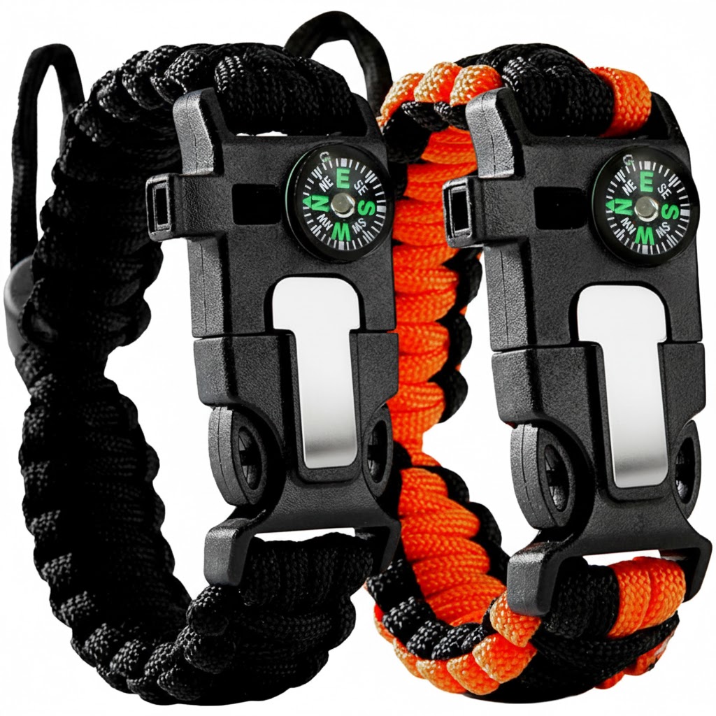 Survival Paracord Bracelet 2 Pack with Fire Starter, Whistle and Compass