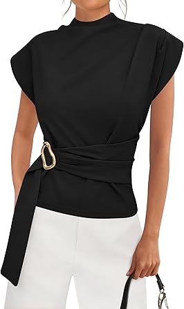Women Cap Sleeve Mock Neck Tunic Blouse