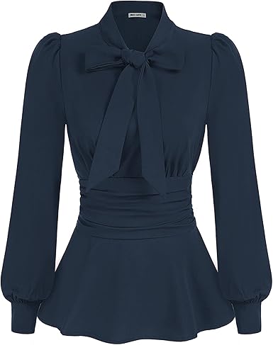 Women's Long Sleeve Peplum Dressy Shirt Office Bow Tie Work Blouse Smocked Waist