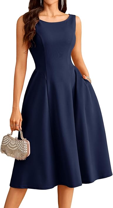 Women's Sleeveless A-Line Cocktail Midi Dress with Pockets