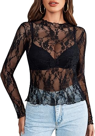 Women's Long Sleeve Sheer Mesh Top Mock Neck Lace Blouse