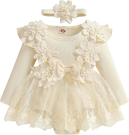 Baby Girl Lace Mesh Long Sleeve Romper Dress with Headband