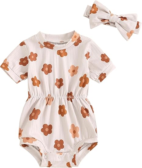 Baby Summer Clothes Girl Newborn Floral Ribbed Romper Bubble Bodysuit