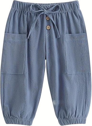 Boys Girls Cotton Linen Pants Pull on Elastic Waist Buttons