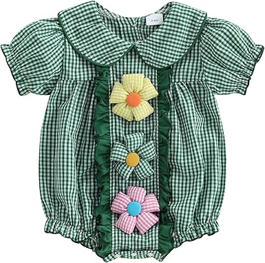 Floral Embroidery Smocked Plaid Baby Bubble Romper
