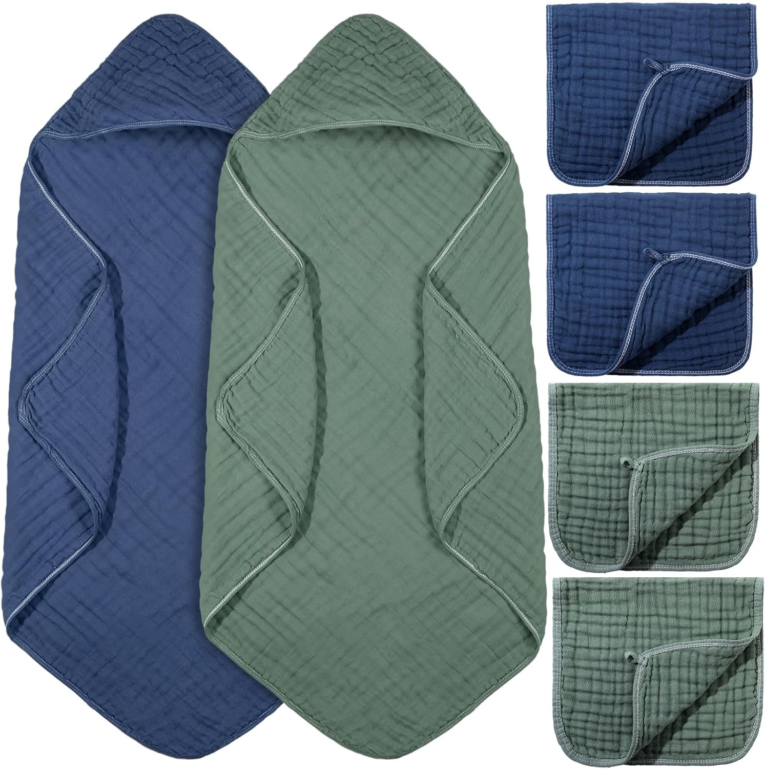 6 Pcs Baby Muslin Hooded Bath Towels and Washcloths