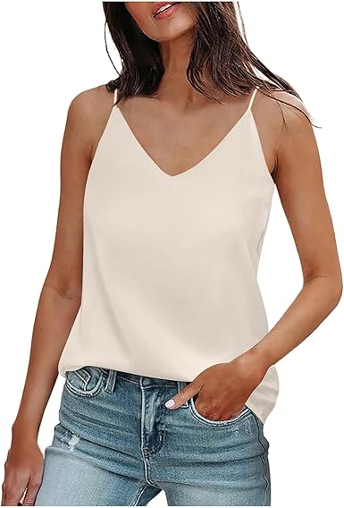 Satin V Neck Spaghetti Strap Cami Tank Top for Women