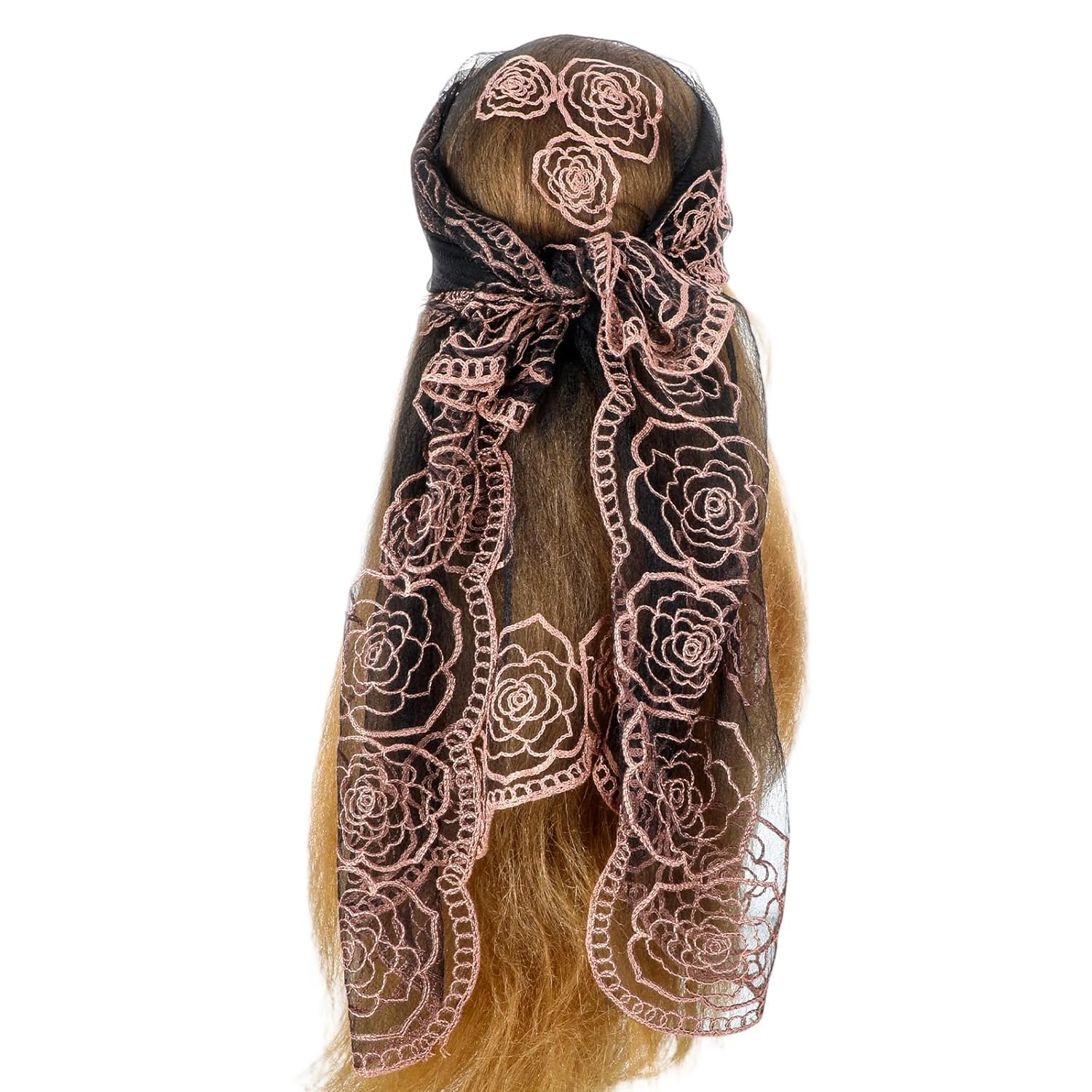 Floral Embroidery Sheer Lace Head Scarf, 32 Inch