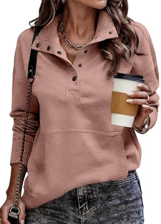 Womens Stand Neck Button Drawstring Sweatshirt Pullover Top