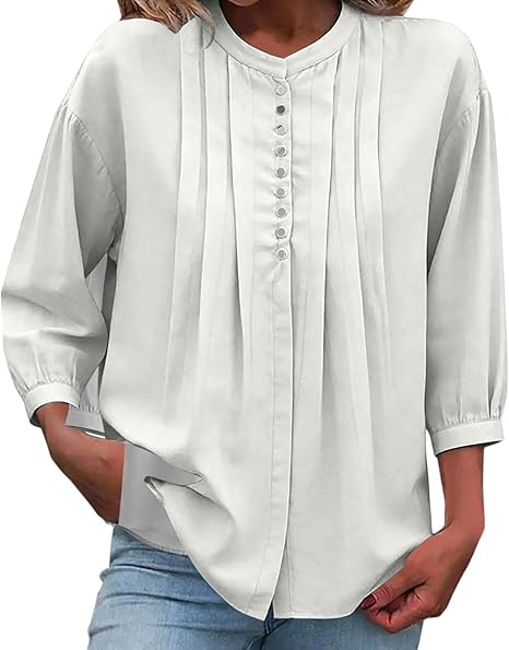 Puff 3/4 Sleeve Pleated V Neck Lace Tunic Top