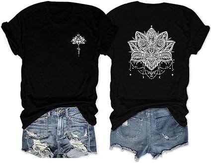 Women Lotus Flower Graphic Short Sleeve T-Shirt