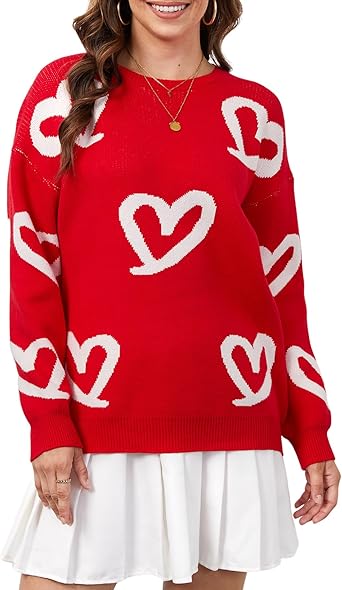 Heart Print Oversized Crew Neck Knit Sweater
